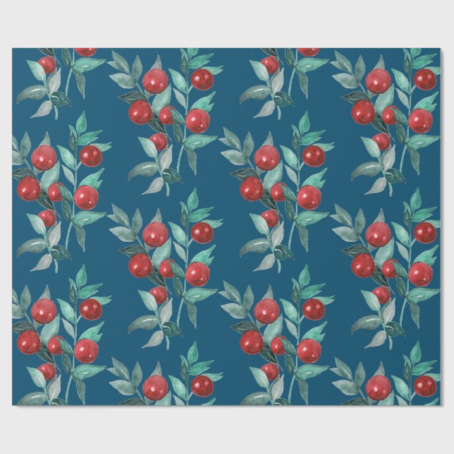 Watercolor Festive Christmas Red Berries Dark Blue Wrapping Paper (Flat)