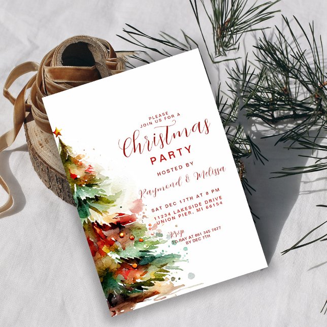 Watercolor Festive Christmas Tree Party Invitation (Creator Uploaded)