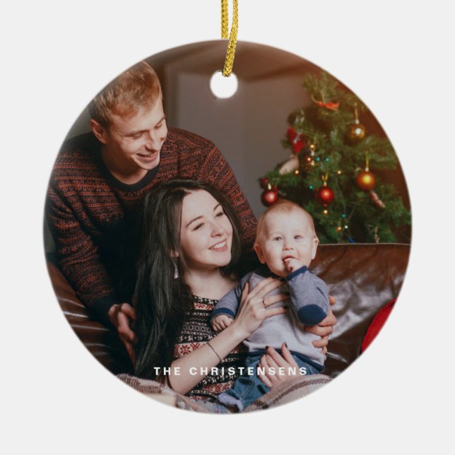 Watercolor Festive Christmas Tree Photo Ceramic Ornament (Front)