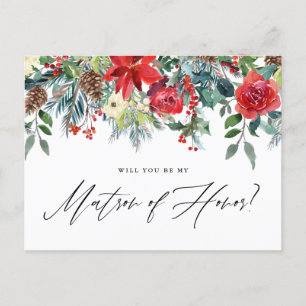Watercolor Festive Floral Garland Matron of Honour Announcement Postcard