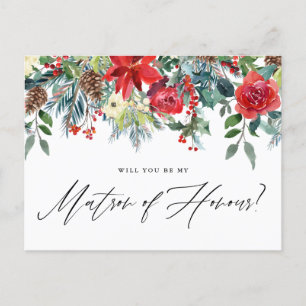 Watercolor Festive Floral Garland Matron of Honour Announcement Postcard