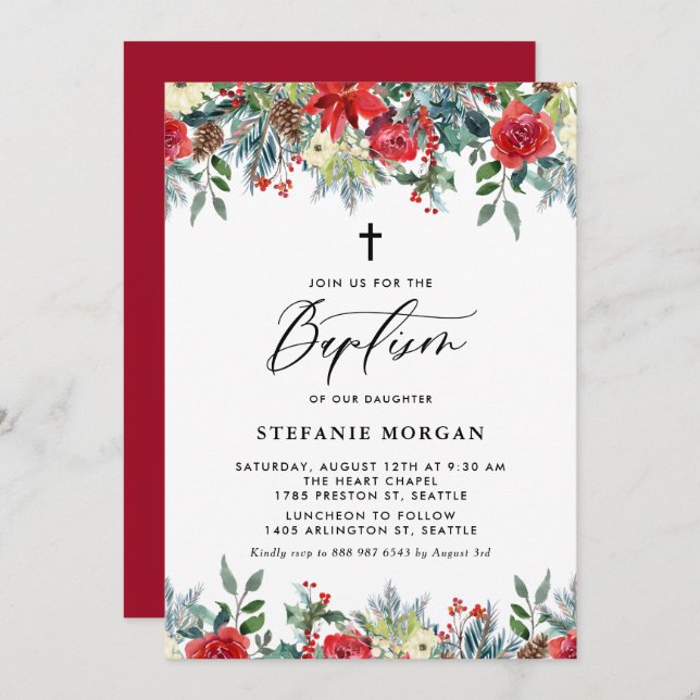 Watercolor Festive Floral Garland Winter Baptism Invitation (Front/Back)