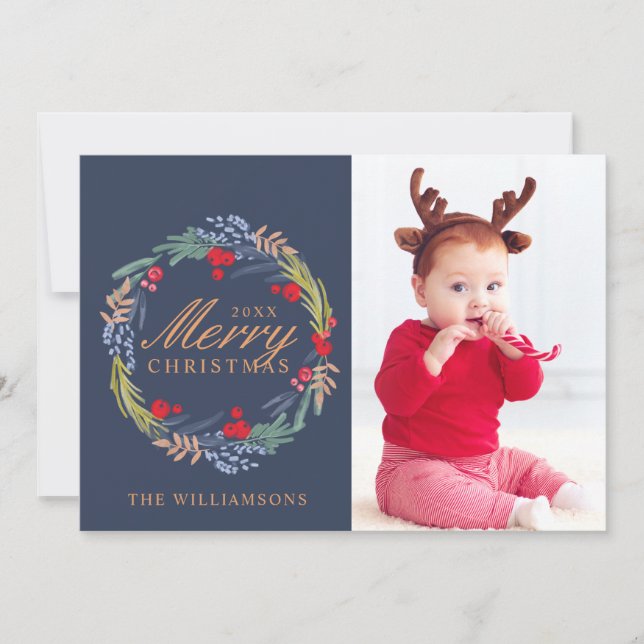 Watercolor Festive foliage Wreath & Fox Photo Holiday Card (Front)