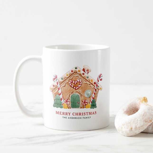 Watercolor Festive Gingerbread House Christmas Coffee Mug (With Donut)