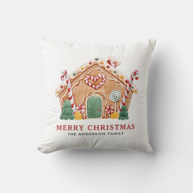 Watercolor Festive Gingerbread House Christmas Cushion (Front)