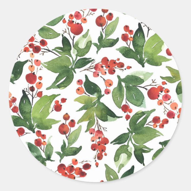Watercolor Festive Holly Pattern Christmas Classic Round Sticker (Front)