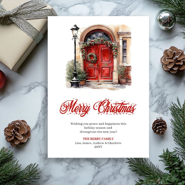 Watercolor festive red Christmas door greeting Holiday Card (Watercolor festive red Christmas door greeting Holiday Card)