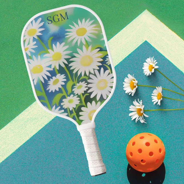 Watercolor Field of Daisies with Monogram  Pickleball Paddle (Creator Uploaded)