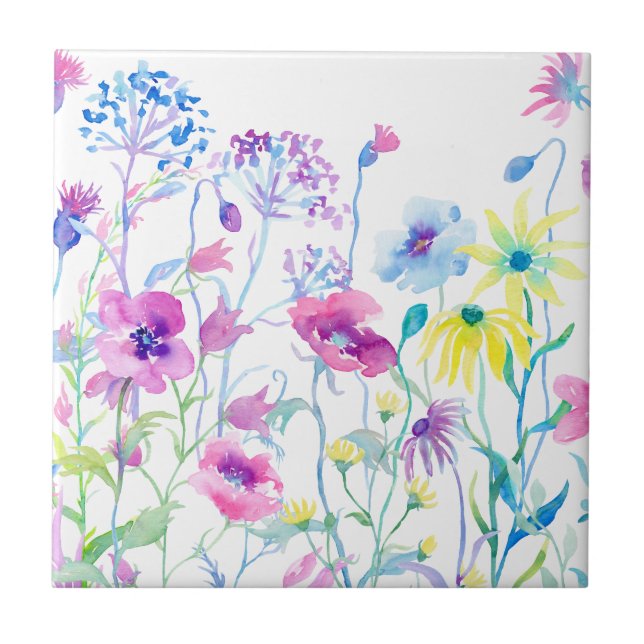 Watercolor Field of Pastel, Wildflower Meadow Tile (Front)