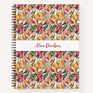 Watercolor Field Red Yellow Tulips   your name Notebook