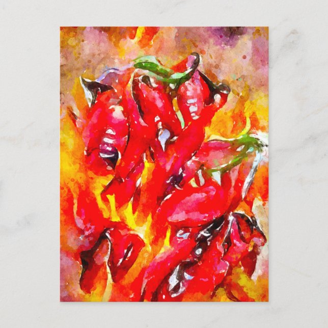 Watercolor fiercely burning chili peppers. Chili. Postcard (Front)