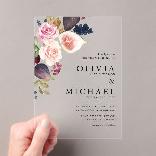Watercolor Figs and Autumn Blooms Floral Wedding Acrylic Invitations
