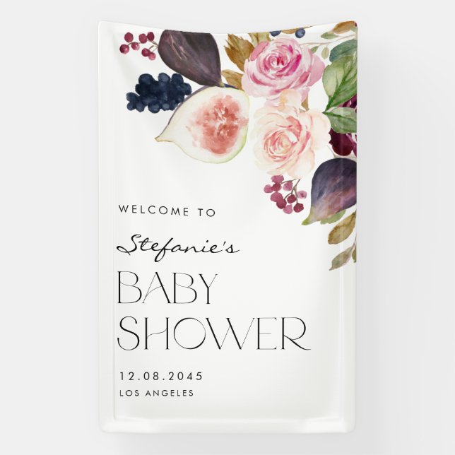 Watercolor Figs and Berry Floral Baby Shower Banner (Vertical)