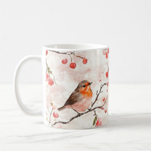 Watercolor Finch in a Snowy Winter Tree & Berries Coffee Mug