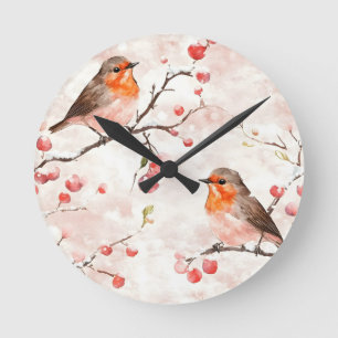 Watercolor Finch in a Snowy Winter Tree & Berries Round Clock