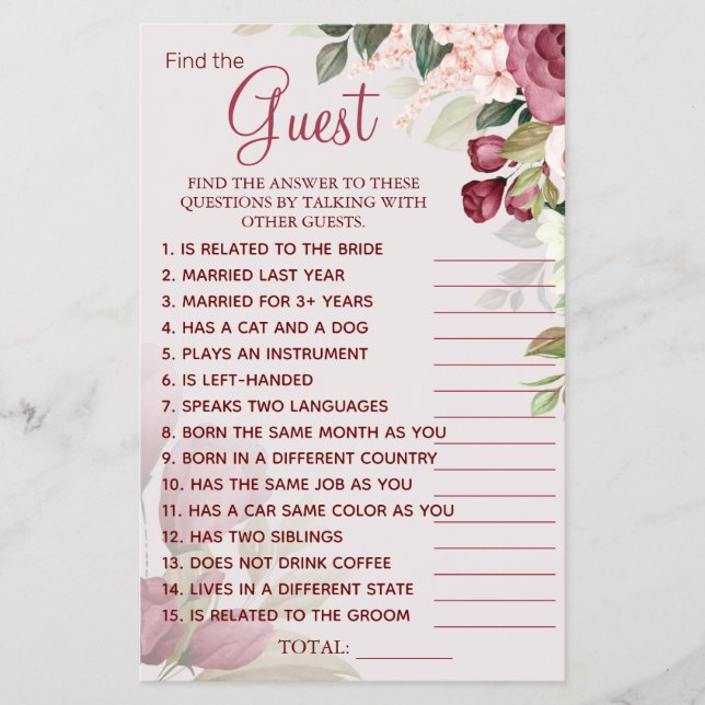 Watercolor  Find the Guest Bridal shower game card (Front)