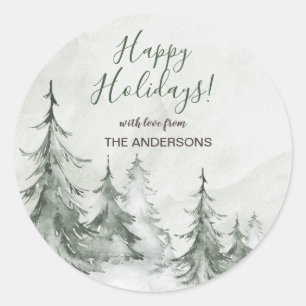 Watercolor Fir Trees Winter, Christmas Party Classic Round Sticker