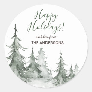 Watercolor Fir Trees Winter, Christmas Party Classic Round Sticker