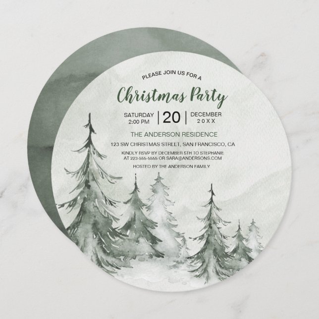 Watercolor Fir Trees Winter, Christmas Party Invitation (Front/Back)