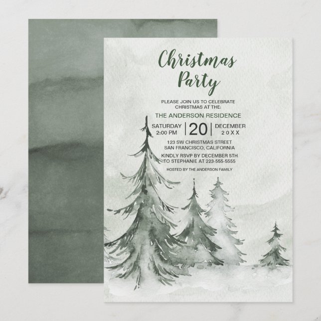 Watercolor Fir Trees Winter, Christmas Party Invitation (Front/Back)