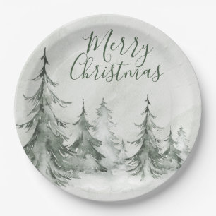 Watercolor Fir Trees Winter, Christmas Party Paper Plate