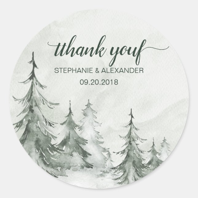 Watercolor Fir Trees Winter Wedding Classic Round Sticker (Front)