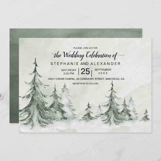 Watercolor Fir Trees Winter Wedding Invitation (Front/Back)