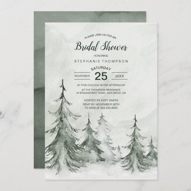 Watercolor Fir Trees Winter Wedding Invitation (Front/Back)