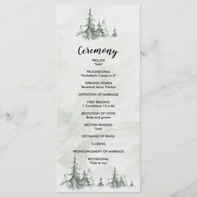 Watercolor Fir Trees Winter Wedding Program (Front)