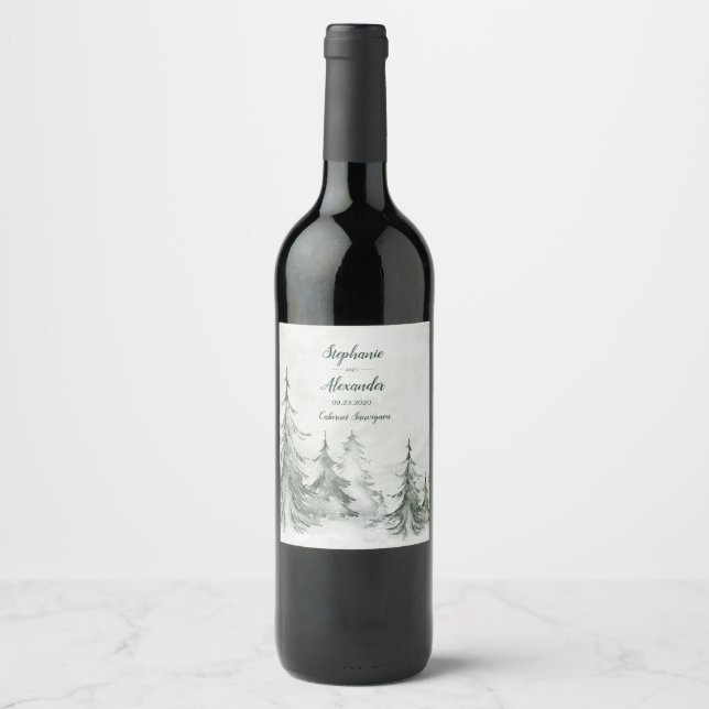 Watercolor Fir Trees Winter Wedding Wine Label (Front)
