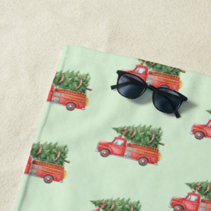 Watercolor Firefighter Christmas Fire Truck Beach Towel