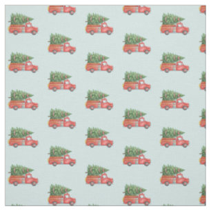 Watercolor Firefighter Christmas Fire Truck Blue Fabric