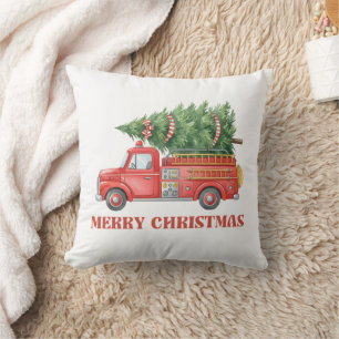 Watercolor Firefighter Christmas Fire Truck Cushion