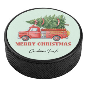 Watercolor Firefighter Christmas Fire Truck Hockey Puck