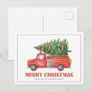 Watercolor Firefighter Christmas Fire Truck Holiday Postcard