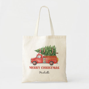 Watercolor Firefighter Christmas Fire Truck Tote Bag