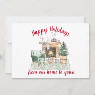 Watercolor Fireside Holiday Scene Christmas Card
