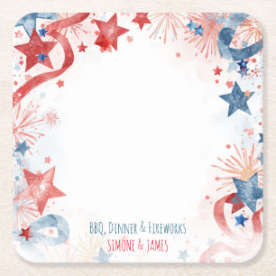 Watercolor Fireworks 4th of July Party Decor Square Paper Coaster