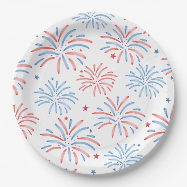 Watercolor Fireworks Fourth of July Party Paper Plate (Front)