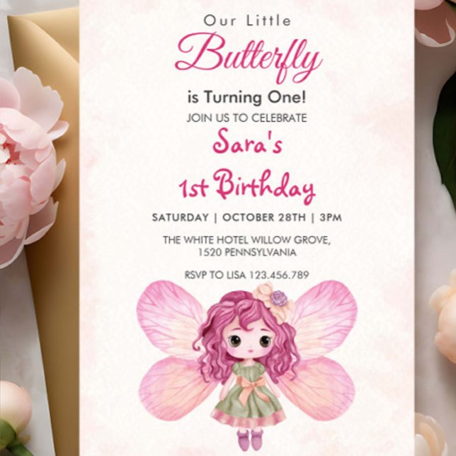 Watercolor First 1st Birthday Cute Girl Butterfly Invitation (Creator Uploaded)