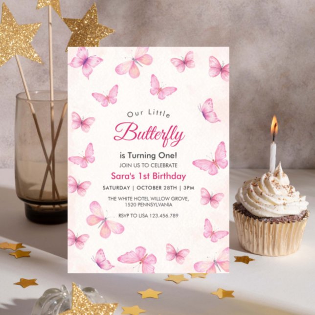 Watercolor First 1st Birthday Glitter Butterflies Invitation (Creator Uploaded)