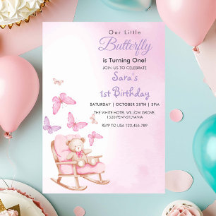 Watercolor First 1st Birthday teddy & Butterfly Invitation