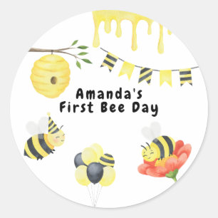 Watercolor First Bee Day Birthday Party Classic Round Sticker