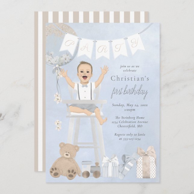 Watercolor First Birthday Baby in Highchair Invitation (Front/Back)