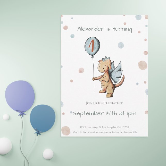 Watercolor First Birthday Dragon with Balloon  Invitation (Creator Uploaded)