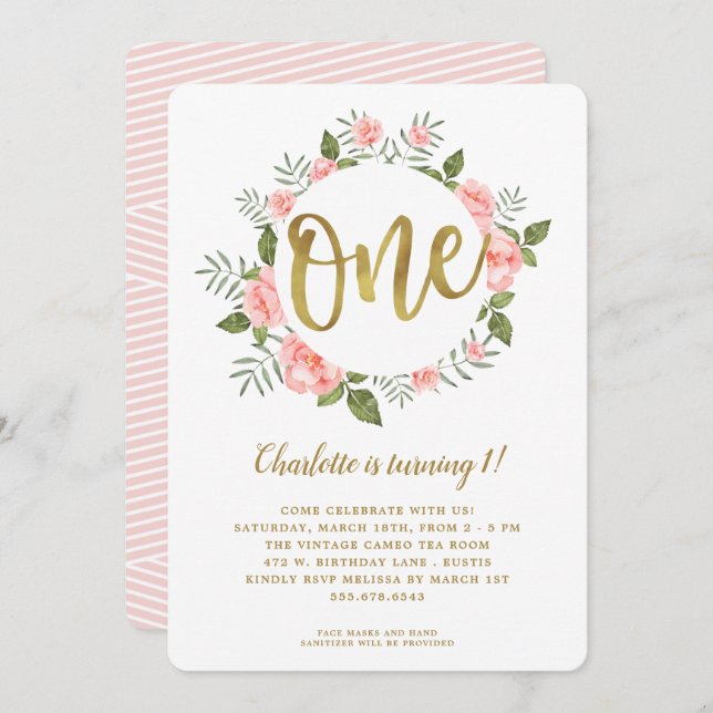 Watercolor First Birthday Gold and  Pink Floral Invitation (Front/Back)