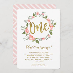 Watercolor First Birthday Gold and  Pink Floral Invitation