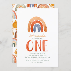 Watercolor First Birthday Modern Boho Rainbow Invitation