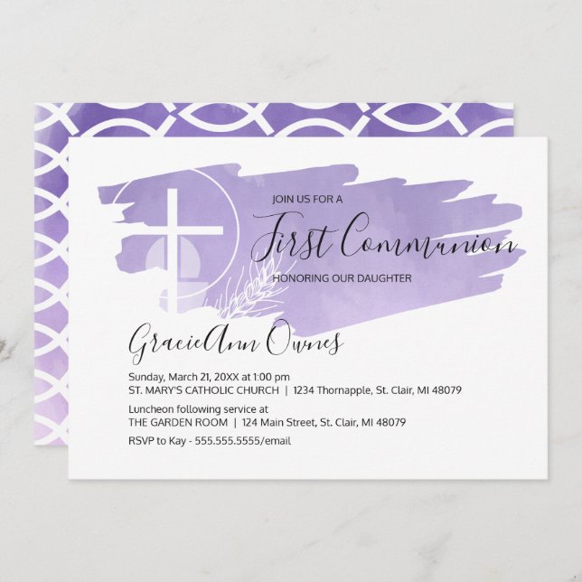 Watercolor First Communion Invitation - Purple (Front/Back)