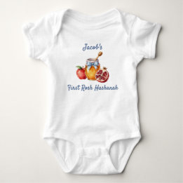 Watercolor First Rosh Hashanah Blue Bow Honey Jar Baby Bodysuit